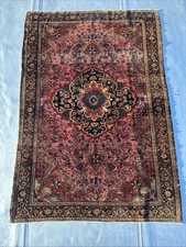 Antique Ferahaan Sarrook 4 X 7 Circa 1890-1910 Rose Navy Peach Mocha picture