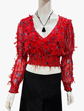 Zara Women’s Long Sleeve Cropped Blouse V-Neck Smocked Floral Red L picture