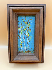 Small Original Oil Painting Birch Trees Impasto Blue Sky Deep Wood Frame picture
