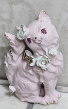Vintage Japan Pink Ceramic Cat Kitten Figurine Applied Roses Bow Gold Trim 5in picture