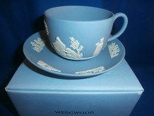 Wedgwood Blue Jasperware TEA CUP AND SAUCER England w/ box picture