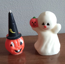 Two Vintage Halloween Candles Ghost + Gurley Pumpkin picture