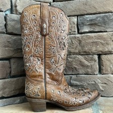 Corral Vintage Cracked Leather Glitter Inlay Snip Toe Western Cowboy Boots 7M picture