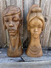 Vintage Hand Carved African Wood Bust Pair Male Female 15” 16” Metal Earrings picture