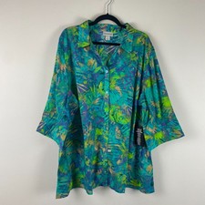 Catherines Button Up Shirt Size 3X Lightweight Cotton 3/4 Sleeves Blue Green picture