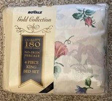 VTG Royale King Bed Sheet Set Floral Rose Ivory 4pc Percale New Gold Collection picture