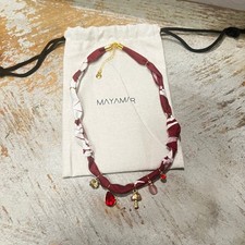 Mayamar Burgundy Bandana Cord Charm Necklace Mushroom Clover Crystal Gold Tone picture
