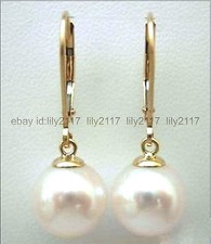 Beautiful AAA 10MM natural south sea round white pearl 14K gold dangle earrings picture