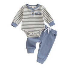 Kuriozud Newborn Baby Boy Clothes Striped Button 0-3 Months, Blue picture