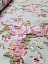 Pink Floral Roses Metallic Gold Brocade Fabric Sold By The Yard For Dress Deco  picture