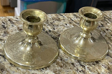 Pair Vintage Brass Asian Candlesticks Ornate Etched Dragon Candle Holders picture