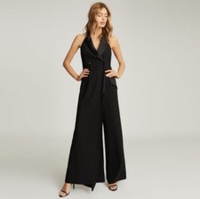 Reiss Annie Black Tuxedo Split Leg Jumpsuit Sleeveless Lined Size 2 Satin Trim picture