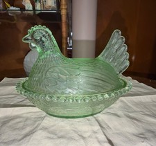 VTG Tiara Indiana Glass Pastel Green Hen Nest Covered Lidded Oval Dish Chantilly picture
