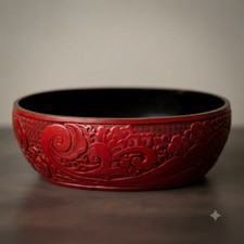 Vtg Mid 20th Century Chinese Hand Carved Floral Cinnabar Lacquer Large Bowl picture