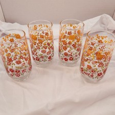Floral Drinking Glasses Tumblers Orange Green ( Set of 4)  1970's picture