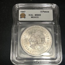 SASA 1947 Mo Mexico ICG MS64 Silver 5 Pesos Cinco Pesos Cuauhtemoc picture