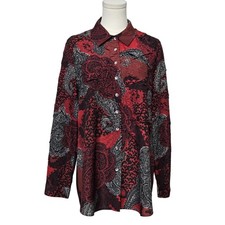 Chico's Shirt Womens 2 Red Paisley Long Sleeve Button Front Rhinestone Tunic Top picture