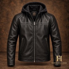 Men's Black Faux Leather Jacket Hooded Zip Up Casual Motorcycle Coat picture