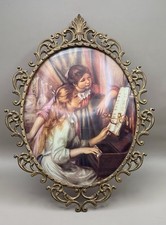 Antique Oval Ornate Brass Large Frame With Young Girls At Piano Print 16