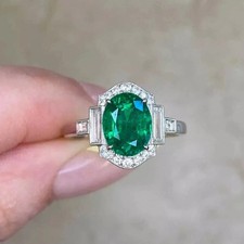 4.00 Ct Oval Cut Natural Emerald & Diamond Wedding Ring 14K  White Gold picture