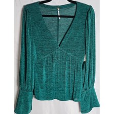 Free People Teal Green V-Neck Corset Pleated Long Sleeve Top OB656496 Womens L picture