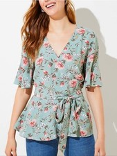 🐢Loft Size LARGE Floral Wrap Peplum Top - Sage Green EUC picture