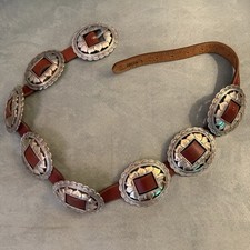 VTG BRIGHTON CONCHO LEATHER SUNFLOWER SILVER TONE CONCHO LARGE to 35