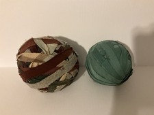 2 Early Antique Handmade Rag Balls Textile Blue Green Wool Drab  Authentic #2 picture