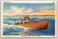 Speedboating Greetings From Ipswich MA Linen Postcard picture