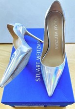 Stuart Weitzman Iridescent Silver 100 Scallop Hologram Specchio Pumps 7 Worn 1x picture