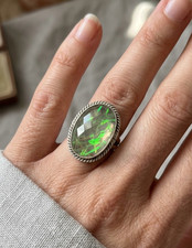925 Sterling Silver Green Aurora Opal Quartz Doublet Oval Faceted Cocktail Ring picture