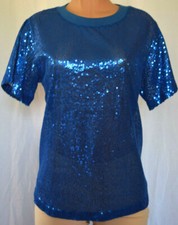  ASHISH TEAL BLUE SEQUIN BACK ZIPPER SHORT SLEEVES ROUND NECK TOP SIZE XL picture