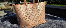 Coach Floral Glitter Laser Cut City Tote Pink Large, Inner Pockets, Gold picture