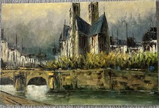 Original Oil  24x36 Oil Painting Notre Dame Paris School Street Scene Vintage picture