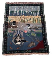 Vintage LL Bean Claire Murray Trout Pond Tapestry Blanket Woven Cotton Loon USA  picture