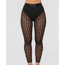 Fashion Nova Malika Mesh Leggings Black Geometric Greek Key Pants Womens Medium picture