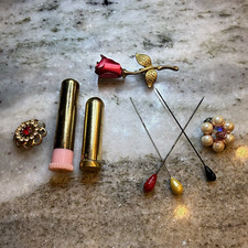 Vintage 1920s Lipstick & 1950s Vanity Accessories Gold Tone Brooches, Hat Pins picture