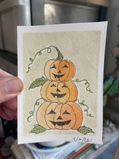 ACEO Pumpkin Stack Jack’O’Lantern Watercolor Painting Original Art ATC Signed picture