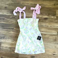 Lulus Floral Satin Mini Dress Bow Tie Straps Lined Zip White/Purple/Green M picture