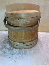 Antique Primitive Wooden Firkin Sugar Bucket w/ lid and wood pegged handle 1900s picture