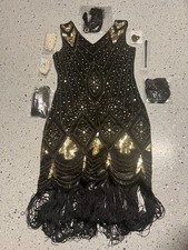 Plulon Women's 1920s Great Gatsby Gold Sequin Dress Costume Halloween Med - NEW picture
