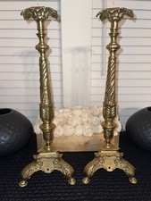 Vintage Pair Of 2 Ornate Tall Brass Candle Holders 20” Tall picture