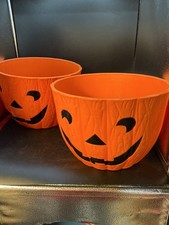 Two Vintage The Mumkins Large 8x11 Jack O Lantern pair Plastic Pumpkin Planter picture