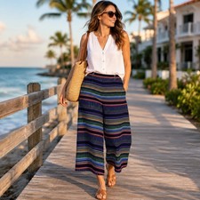 LOFT Fluid Wide Leg Crop Pants Women's Size 4 Multicolor Festival Striped Rayon picture
