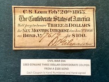 $3 Dollar 1863 Confederate States Civil War Coupon -  FREE US  SHIPPING picture