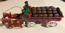 Vintage Cast Iron Horse-Drawn Barrel Wagon with Drivers, Dog & Wooden Barrels picture