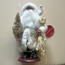 Holiday Lane Santa Claus Figurine White Coat, Gold Accents, Tree & Wreath 12 in picture