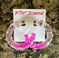 Betsey Johnson Pink/Clear Acrylic Pavé Rhinestone Hoop Earrings Post 2in picture