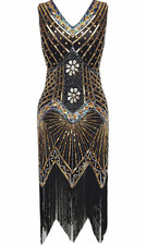 BABEYOND Women's 1920s V-Neck Beaded Fringed Gatsby Flapper Dress - Medium picture