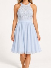 Lulus Lover’s Game Light Blue Lace Chiffon Skater Dress Size M picture